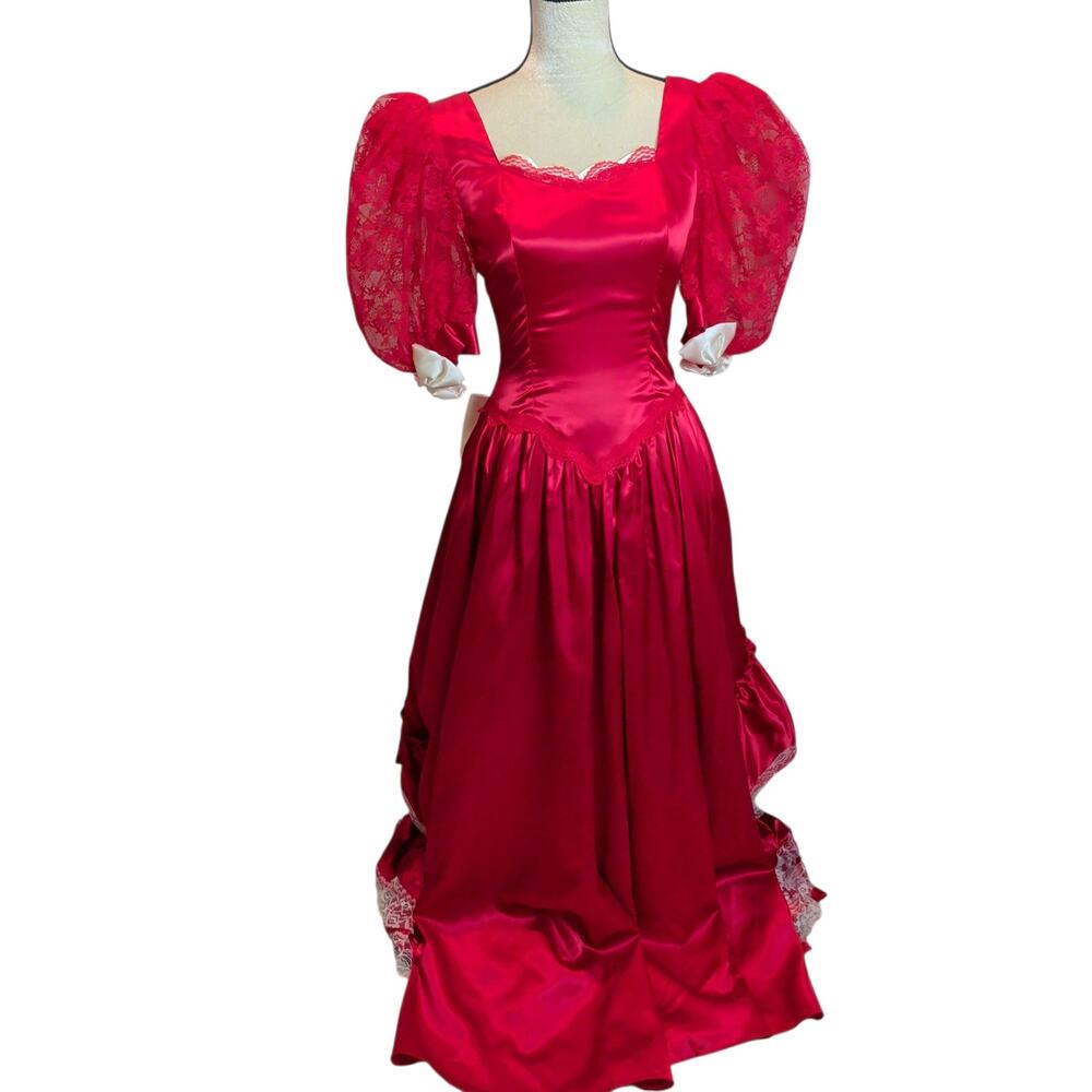 Handmade Red Satin Lace Puff Sleeve Tiered Bustle Gown Costume Dress 80s